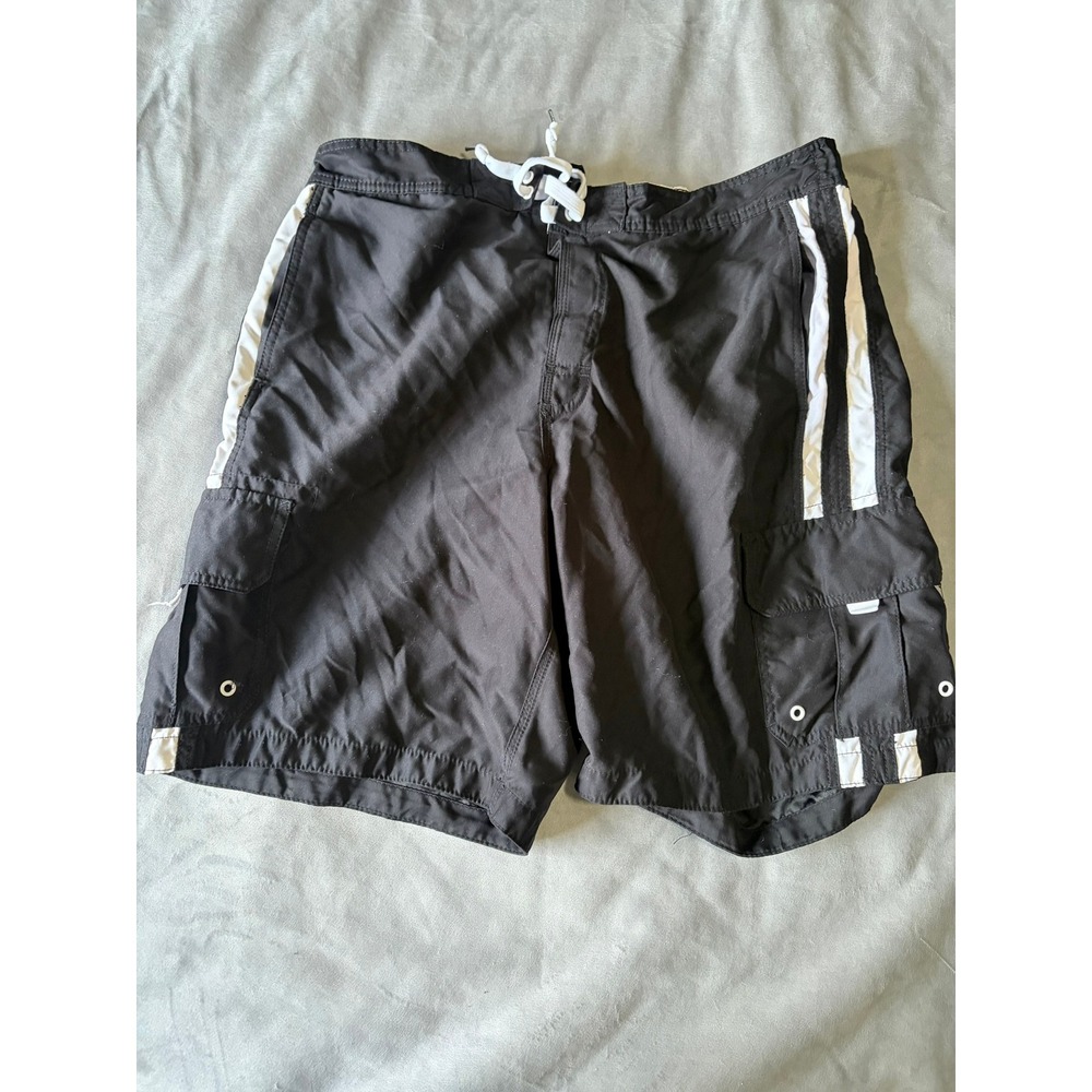 Joe Boxer Mens Board Shorts Black White Stripe Cargo Swim Trunks XL